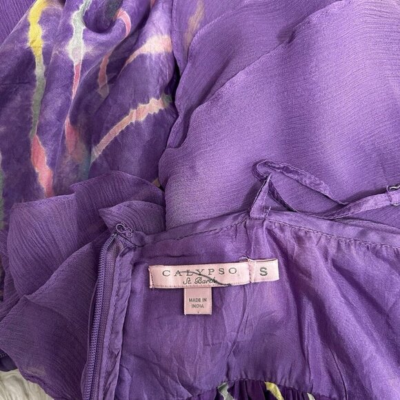 Calypso St Barth 100% Silk Purple Sleeveless Tie Dye Maxi Dress Ruffle Top Sz S - Picture 10 of 13